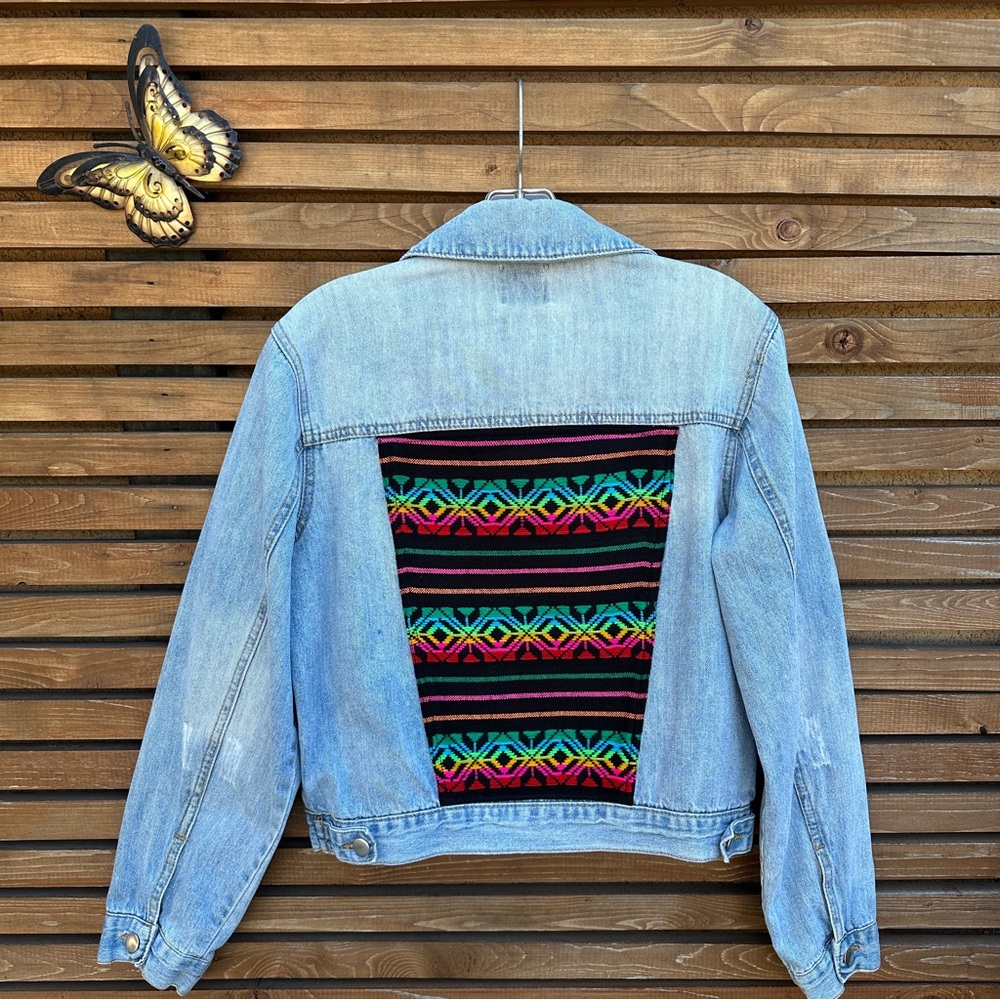 Repurposed distressed Forever 21 denim Jean Jacket with Serape Fabric on back